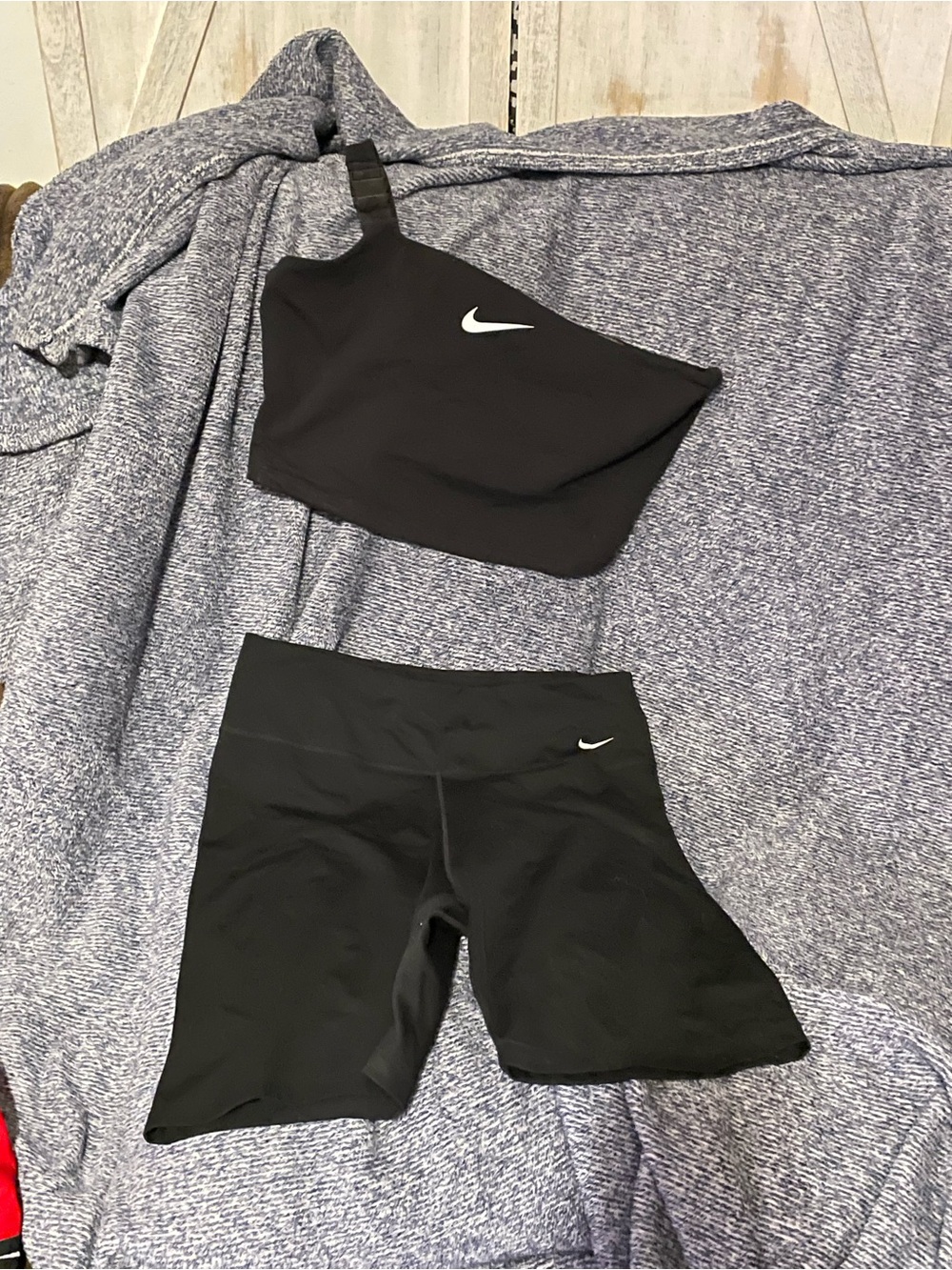 Nike sport bra 1 shoulder and Black High-Waist Athletic Bike Shorts with Swoosh